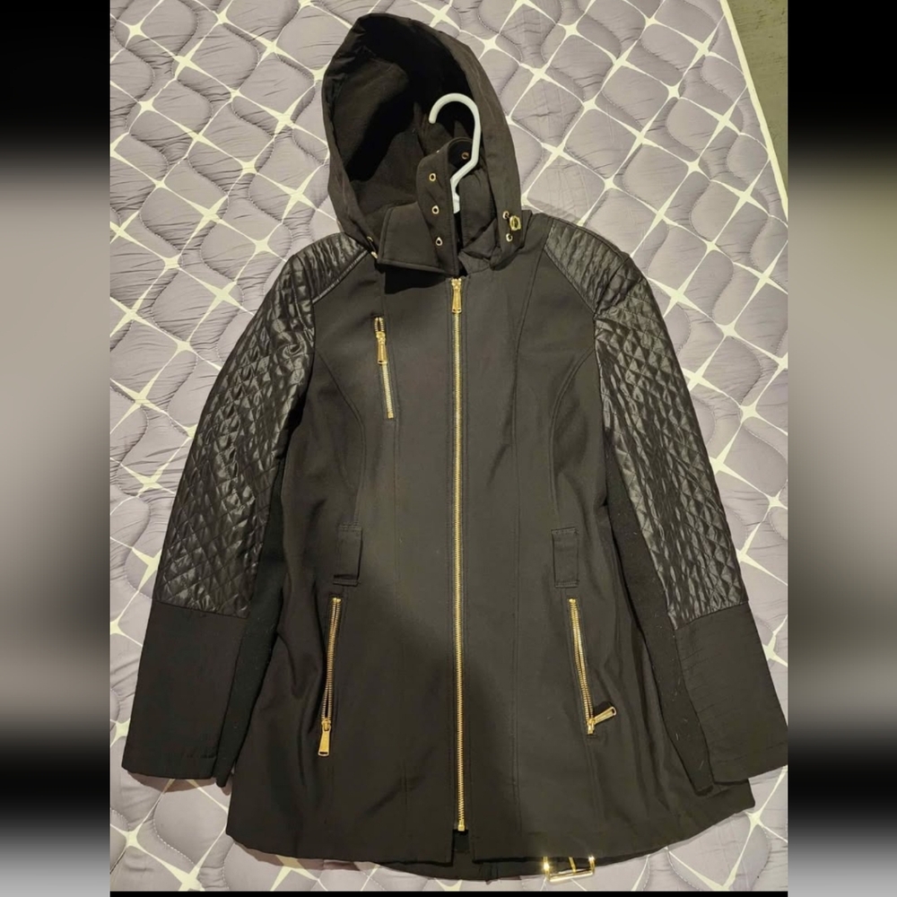Michael Kors Black Water Resistant Quilted Utility Jacket with Gold Accents